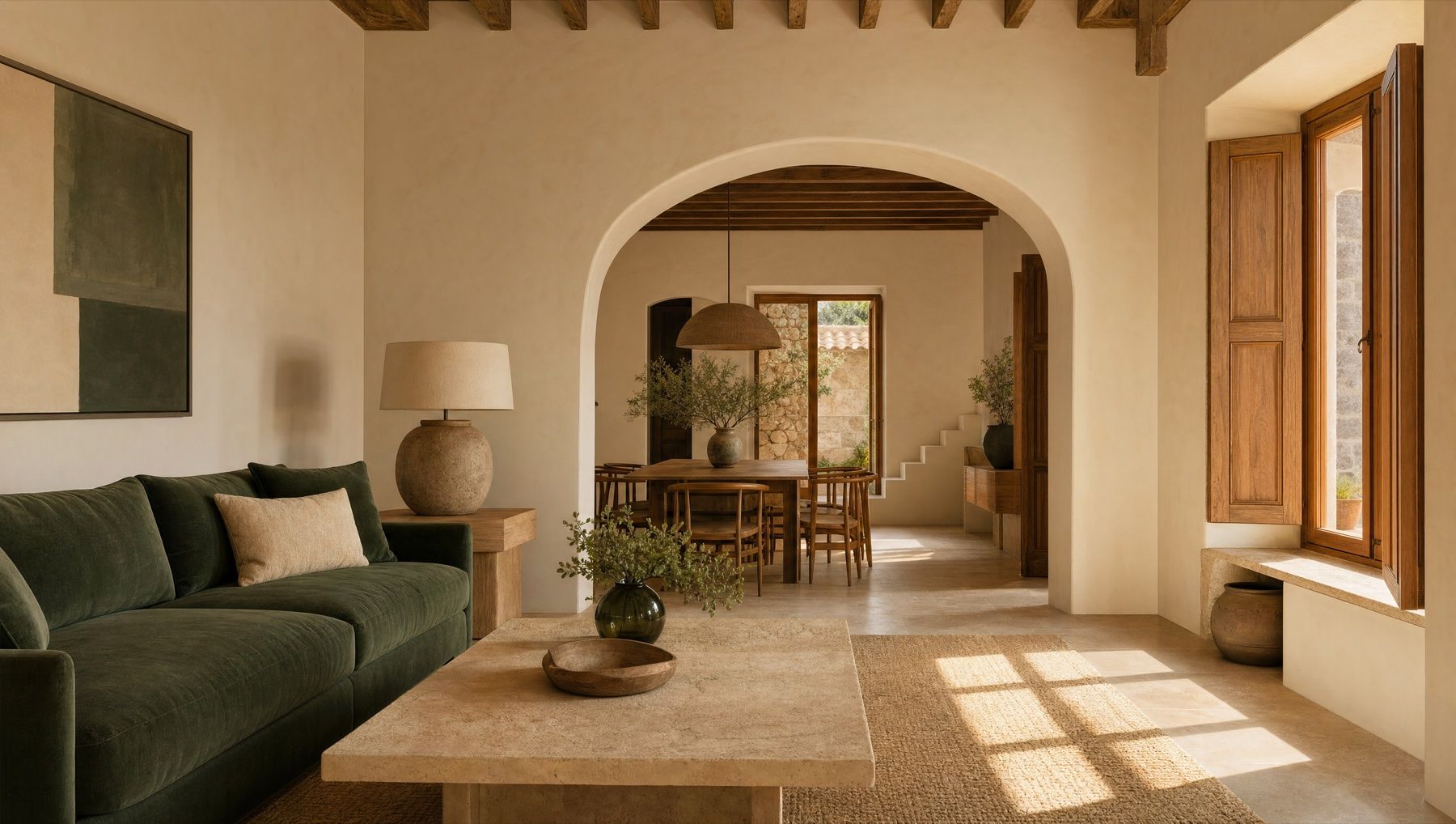 Renovated living room with timber beams, a green sofa and afternoon light coming through the window
