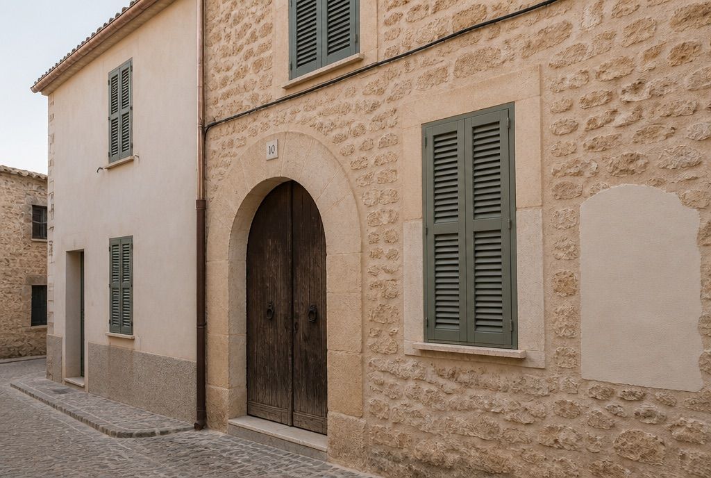 Façade of a Mallorcan village house in marès stone, with an arched door and green shutters