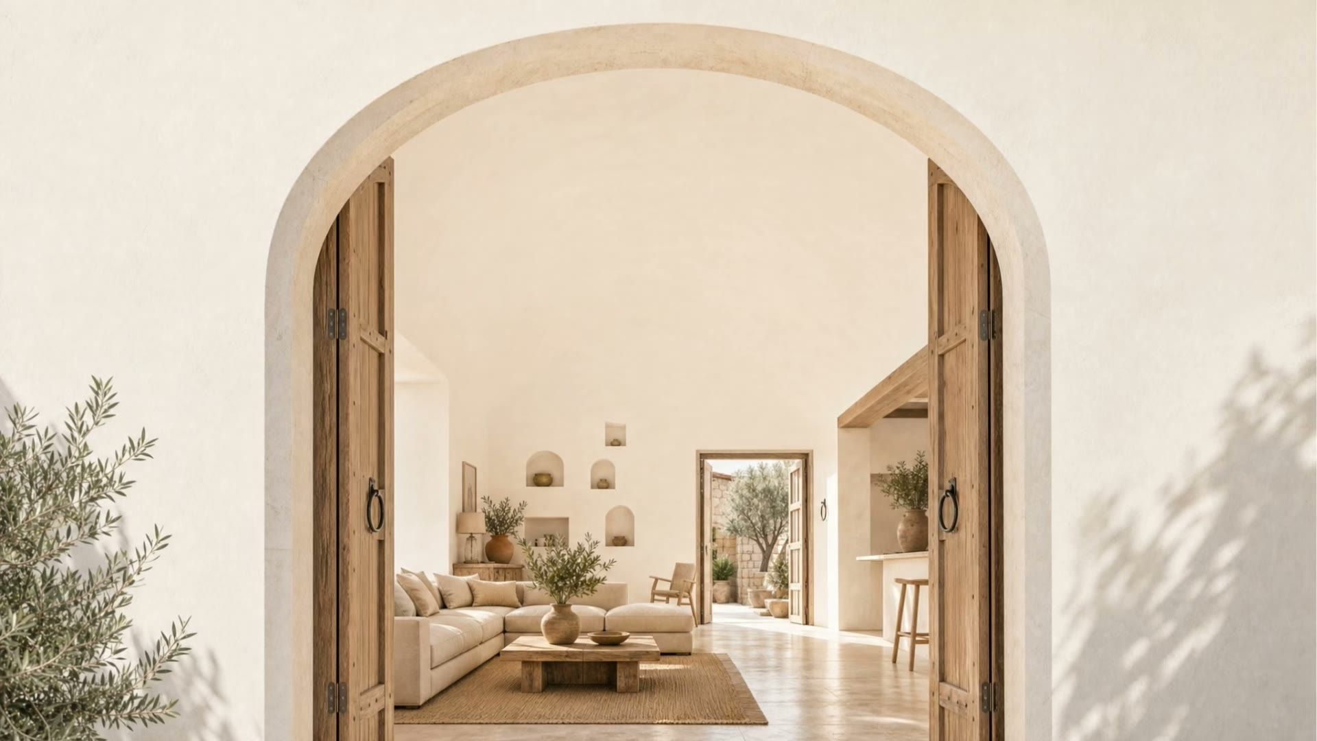 Puertas de madera abiertas bajo un arco de piedra que dan a una sala mallorquina de cal, luz y madera