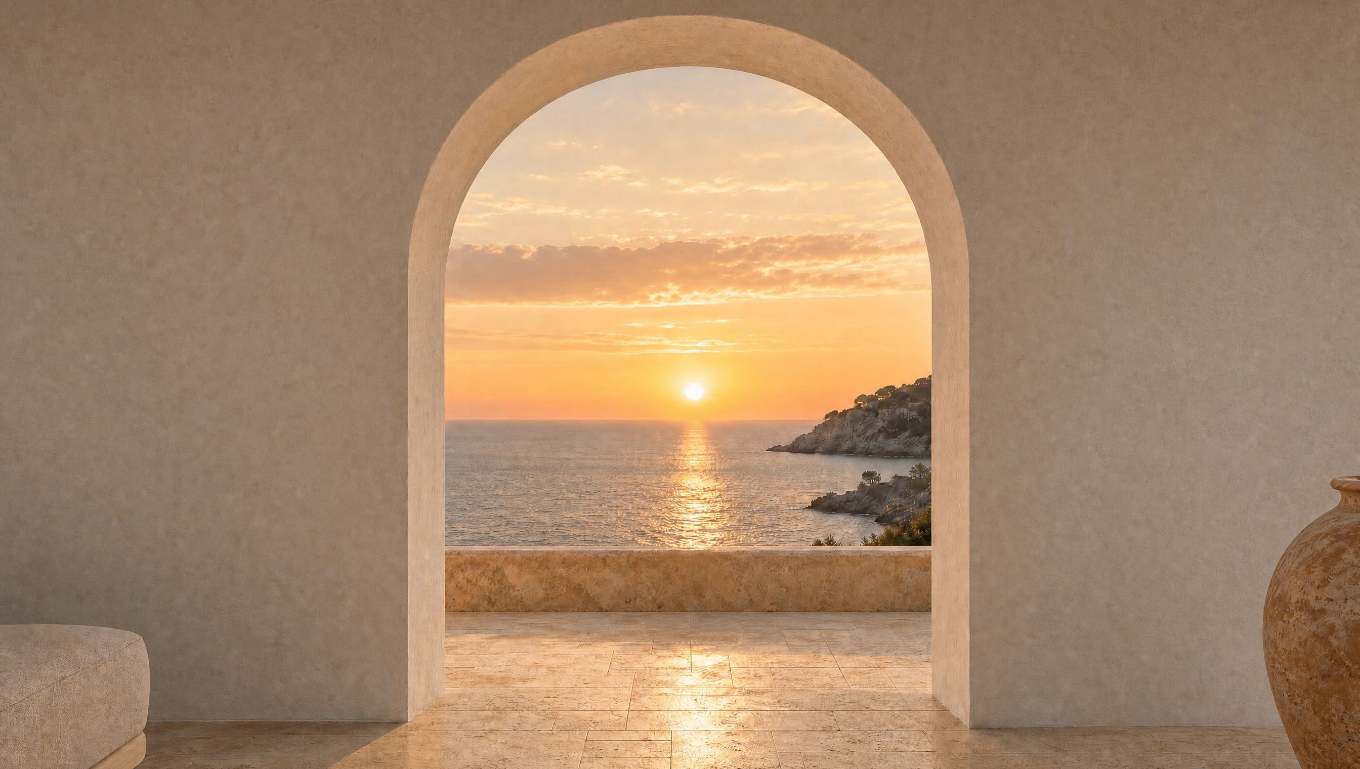 Arco de cal abierto a una terraza sobre el mar, con el sol posado en el horizonte