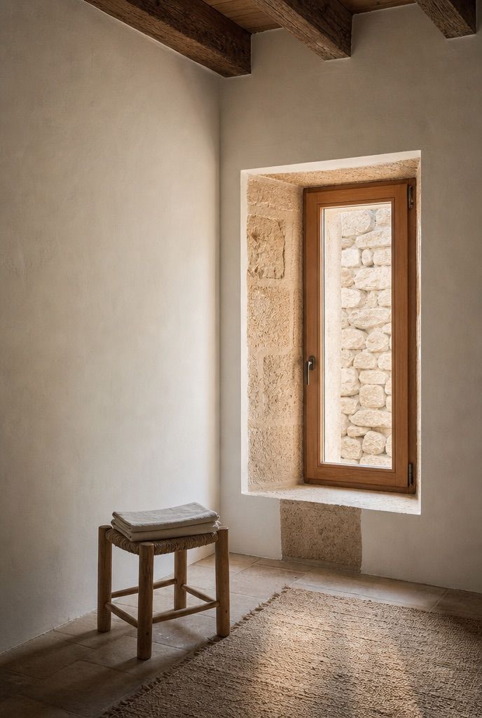 Rincón de cal recién revocada con una ventana pequeña de madera, un taburete y unos paños doblados