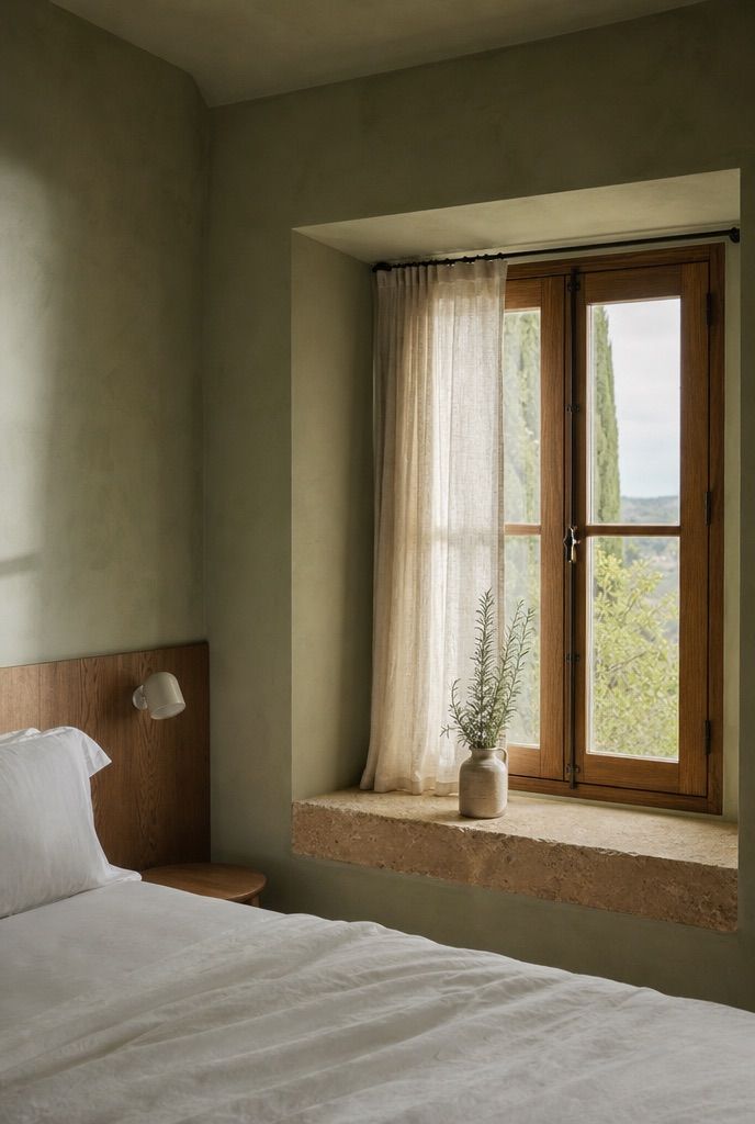 Dormitorio con la ventana cerrada, cortina de lino y una rama de romero en el alféizar de marès