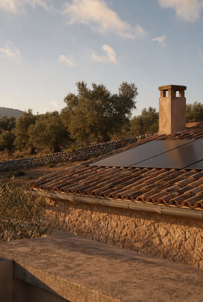 Tejado de teja de una casa de piedra mallorquina con placas solares integradas, olivos al fondo